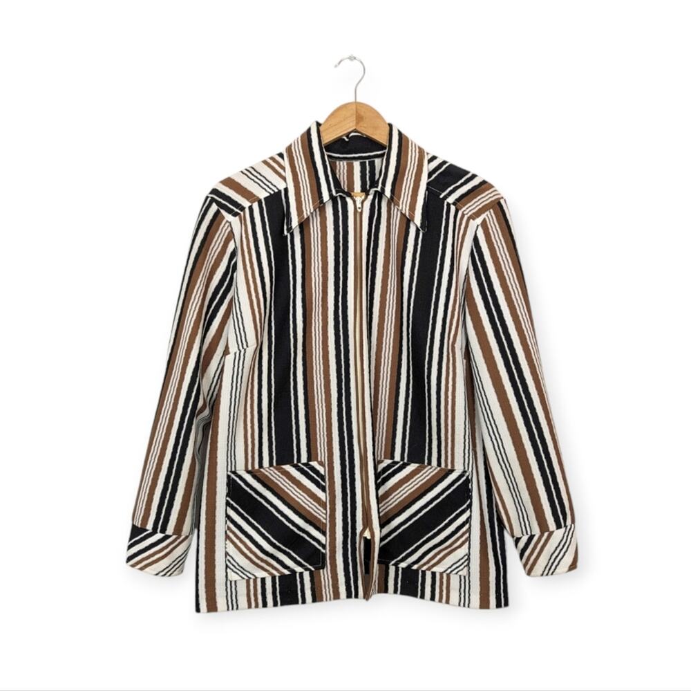 Vintage Handmade Blouse M Brown Black Stripe Zip Collared Retro